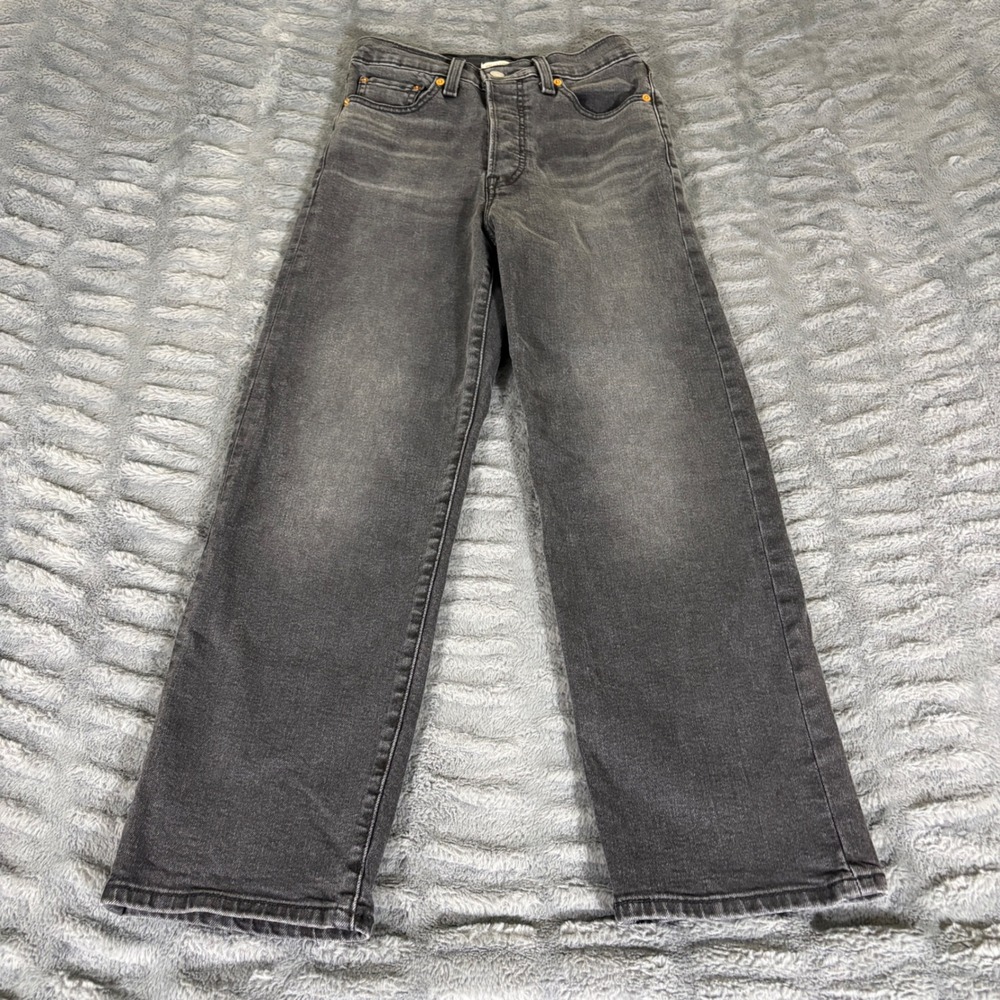 Levis Ribcage Straight Ankle Jeans 25 Faded Black High Rise Button Fly AT246